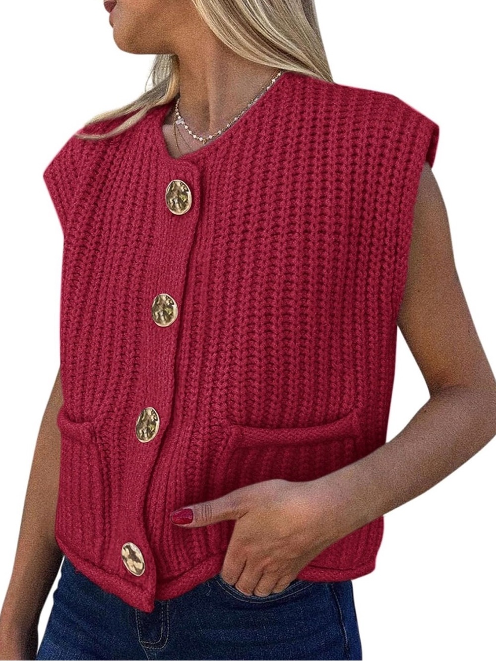 PRETTYGARDEN Red Chunky Knit Gold Button Cardigan Vest M